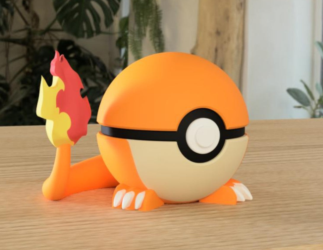 Charmander-Inspired 3D Printed Poké Ball – Fire-Starter Display Collectible